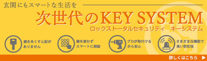 玄関にもスマートな生活を 次世代のKEY SYSTEM ロックストータルセキュリティ キーシステム ・鍵を失くす心配がありません ・鍵を使わずスマートに開錠 ・プロが取付けるから安心 ・さまざまな機能で高い防犯性 詳しくはこちら▶︎